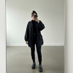 Intro Oversized 100% Silk Soft Plush Black Long Adjustable Trench Coat Jacket